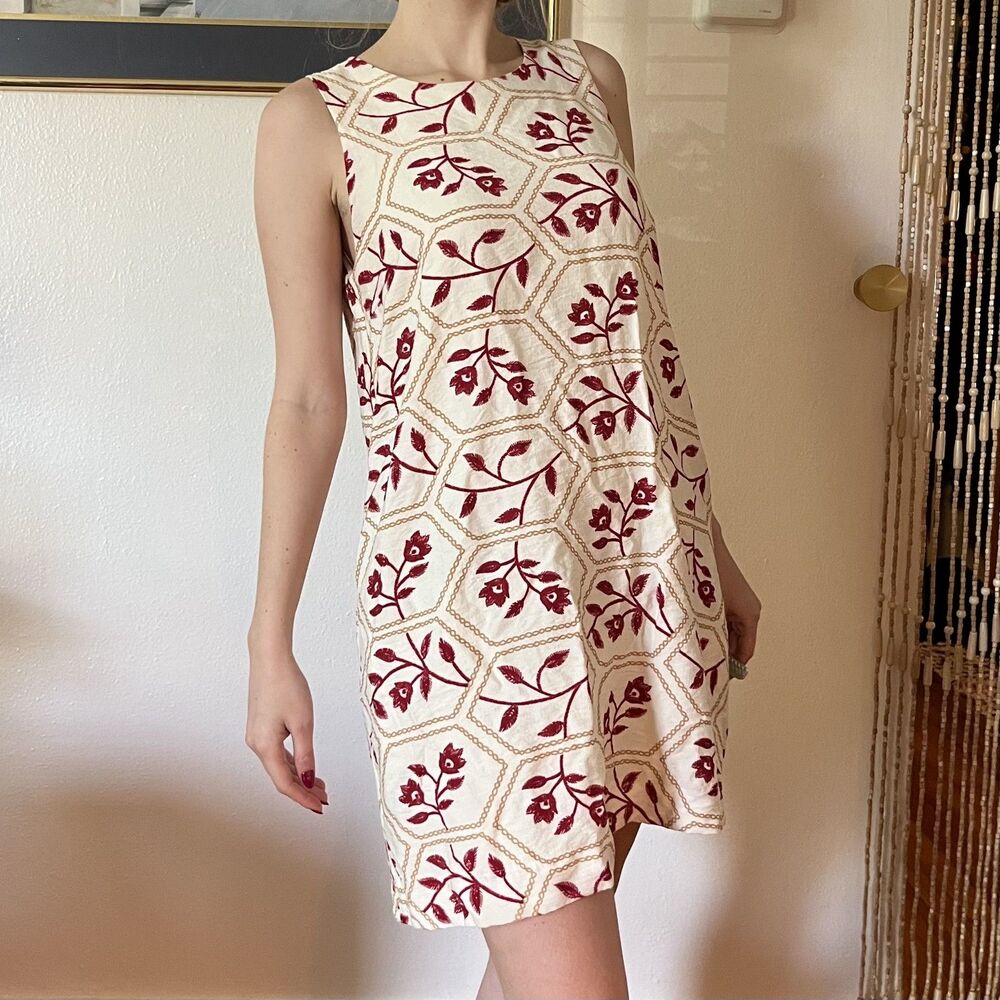 Jodifl White & Red Geometric Floral Trapeze Dress Size S Boho Chic Modern